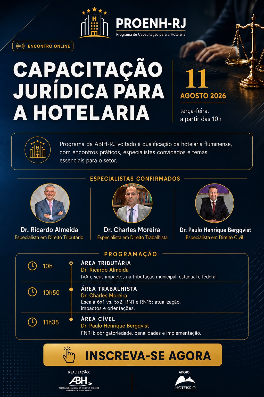 Cartaz oficial do encontro PROENH-RJ Capacitação Jurídica para a Hotelaria, com data, especialistas e programação